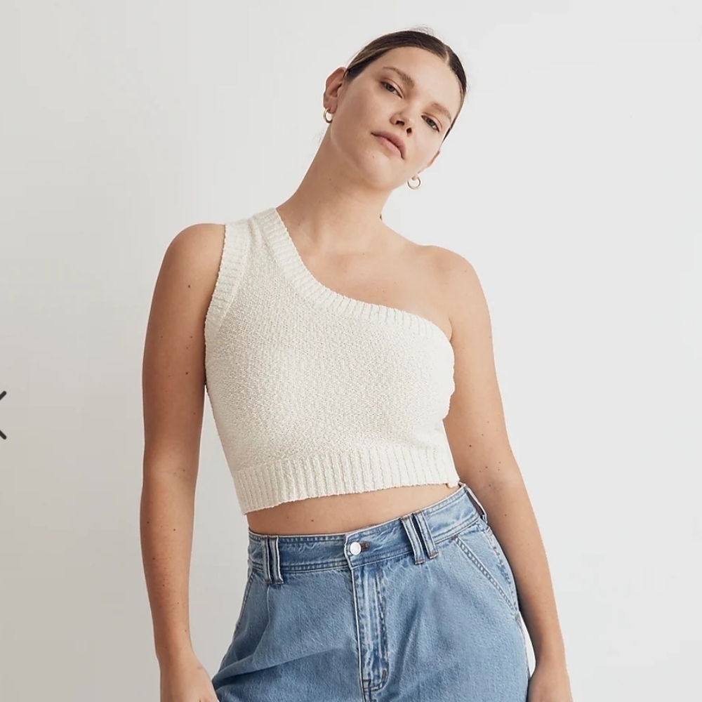 Madewell, Textural-Knit One-Shoulder Sweater‎ Tank, Cream, Size Large